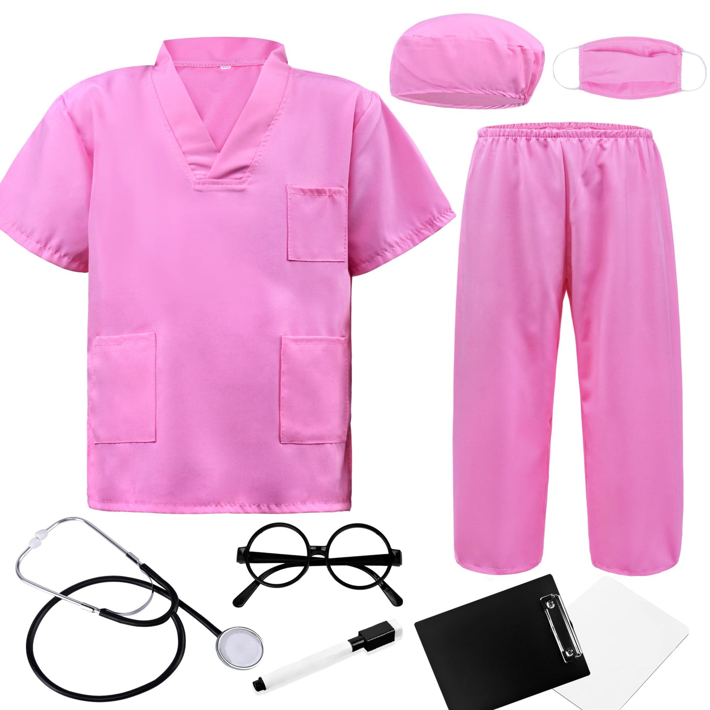 ZZIHAN Kids Doctor Costume in Pink Scrubs – 9-Piece Dress-Up with Stethoscope, Mask & Cap (3-4T)
