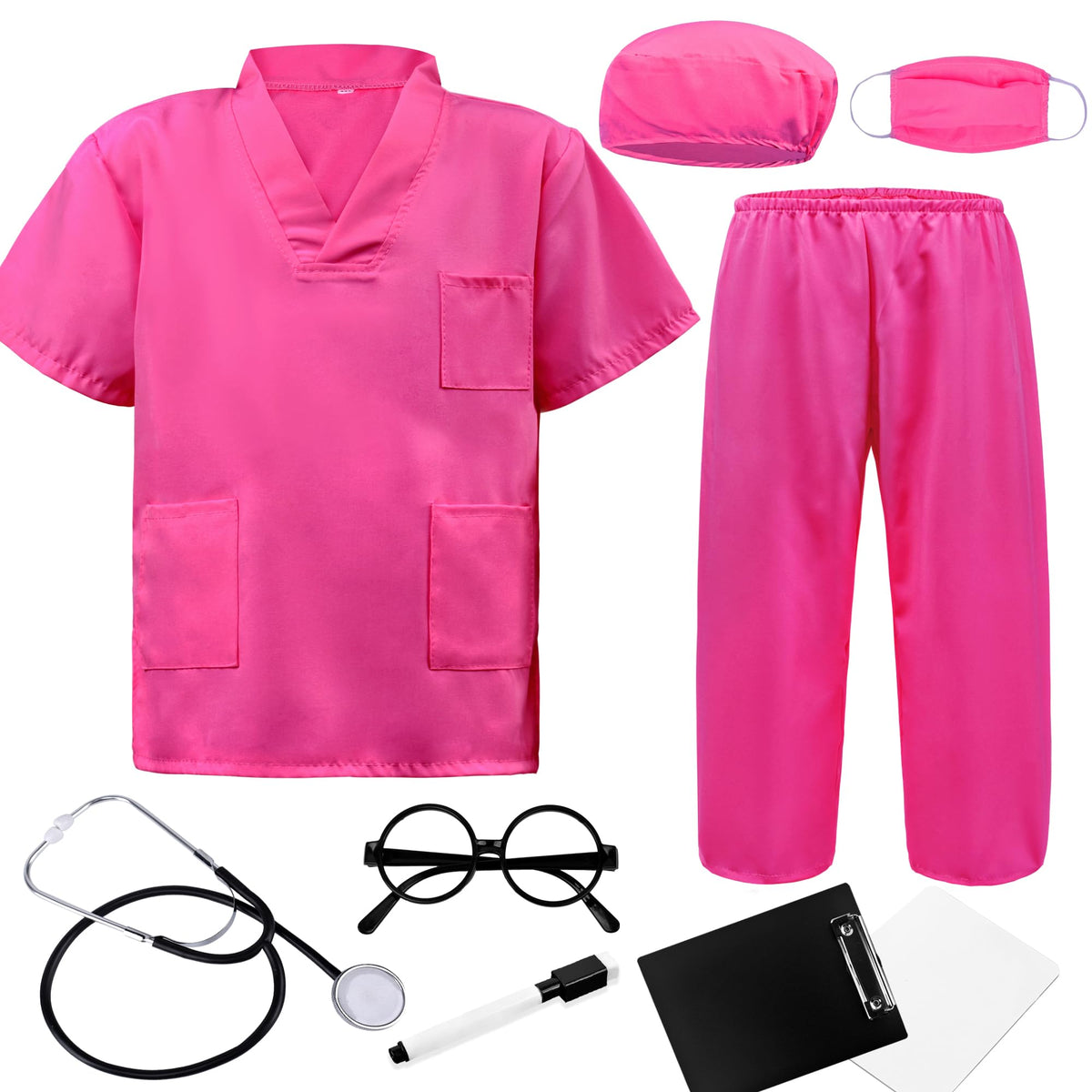 ZZIHAN Kids Doctor Costume Rose Scrubs with Stethoscope, Mask & Cap - Dress-Up Set for 5–6