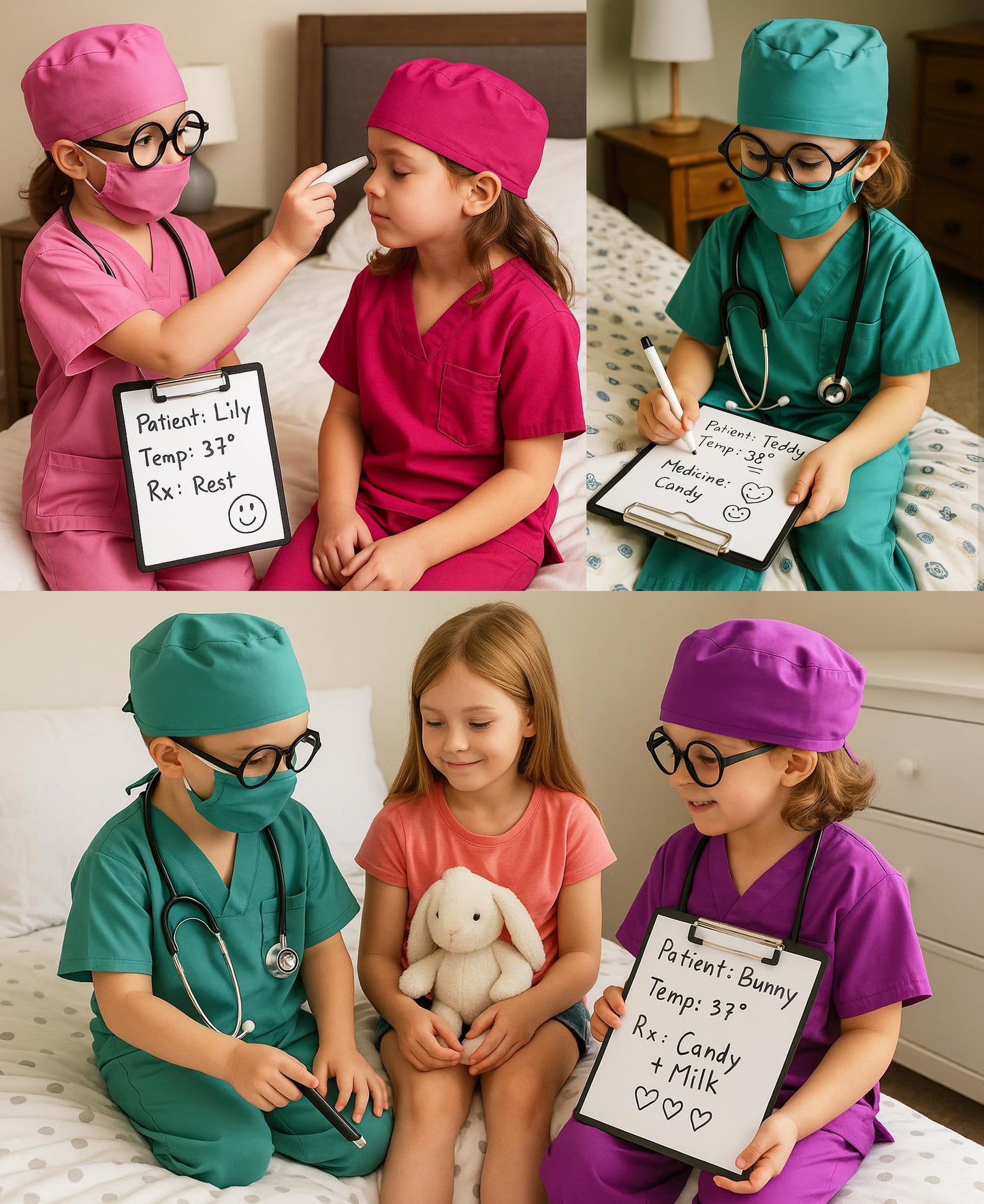 ZZIHAN Kids Doctor Costume Rose Scrubs Outfit with Stethoscope – 9-Piece Dress-Up Set for 3-4T