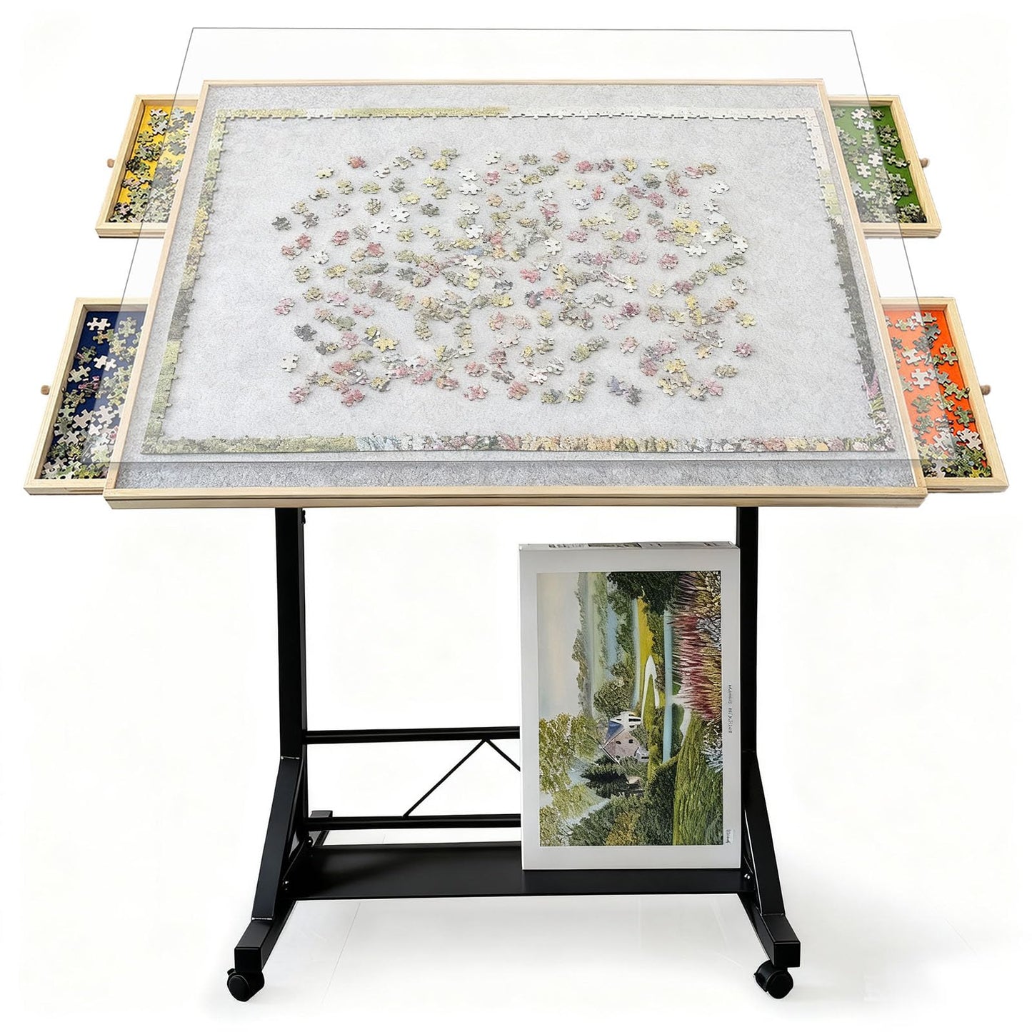 ZZJIHAI Adjustable Puzzle Table with Drawers – 1500-Piece, 35x26 in, Tilting Board, Wheels & Storage