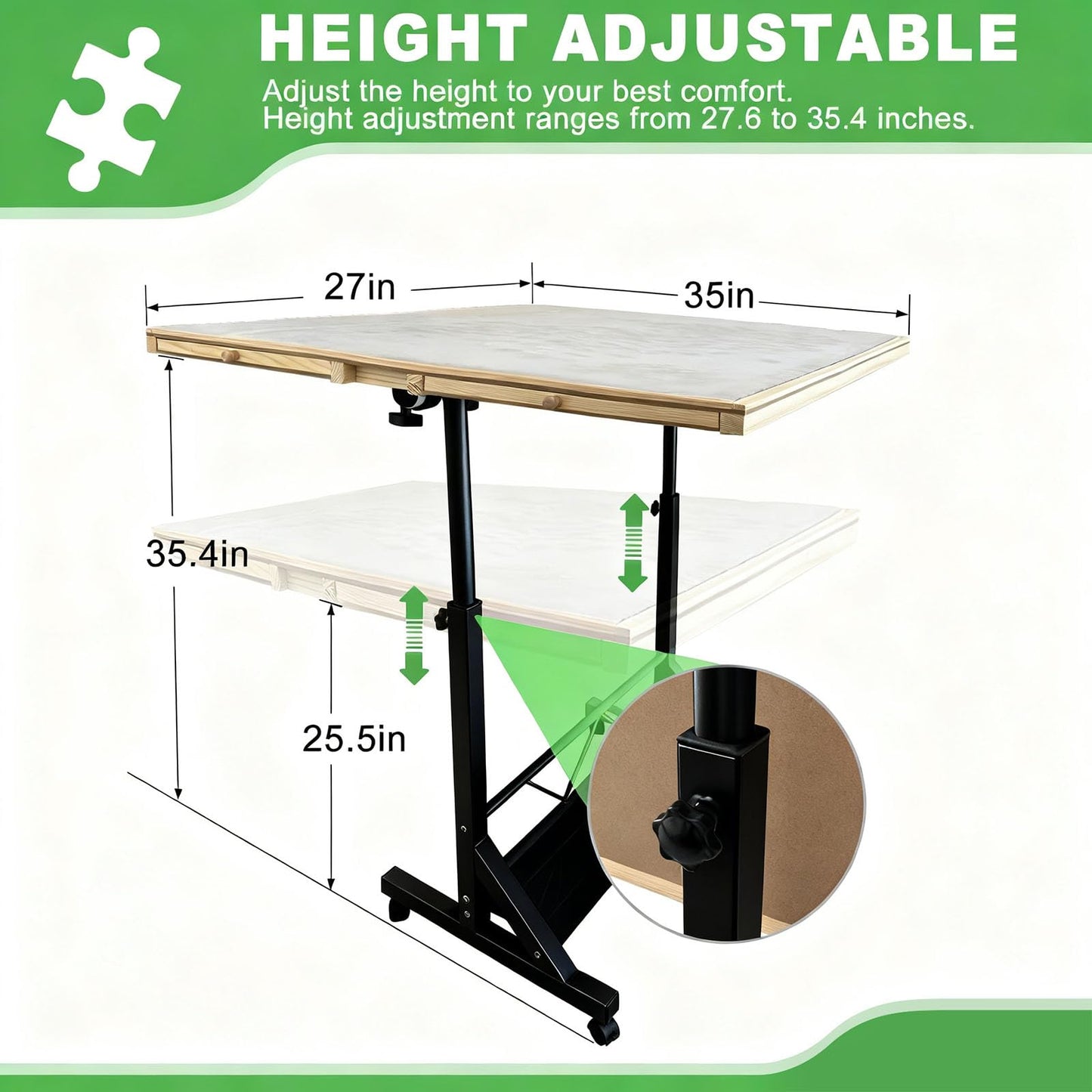 ZZJIHAI Adjustable Puzzle Table with Drawers – 1500-Piece, 35x26 in, Tilting Board, Wheels & Storage