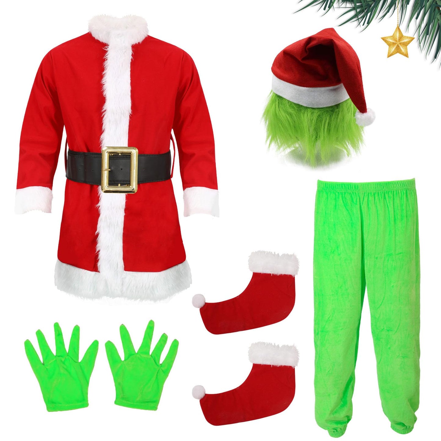 ZZXIAOJIE Green Monster Christmas Costume – 5-Piece Kids Set with Hooded Top & Pants