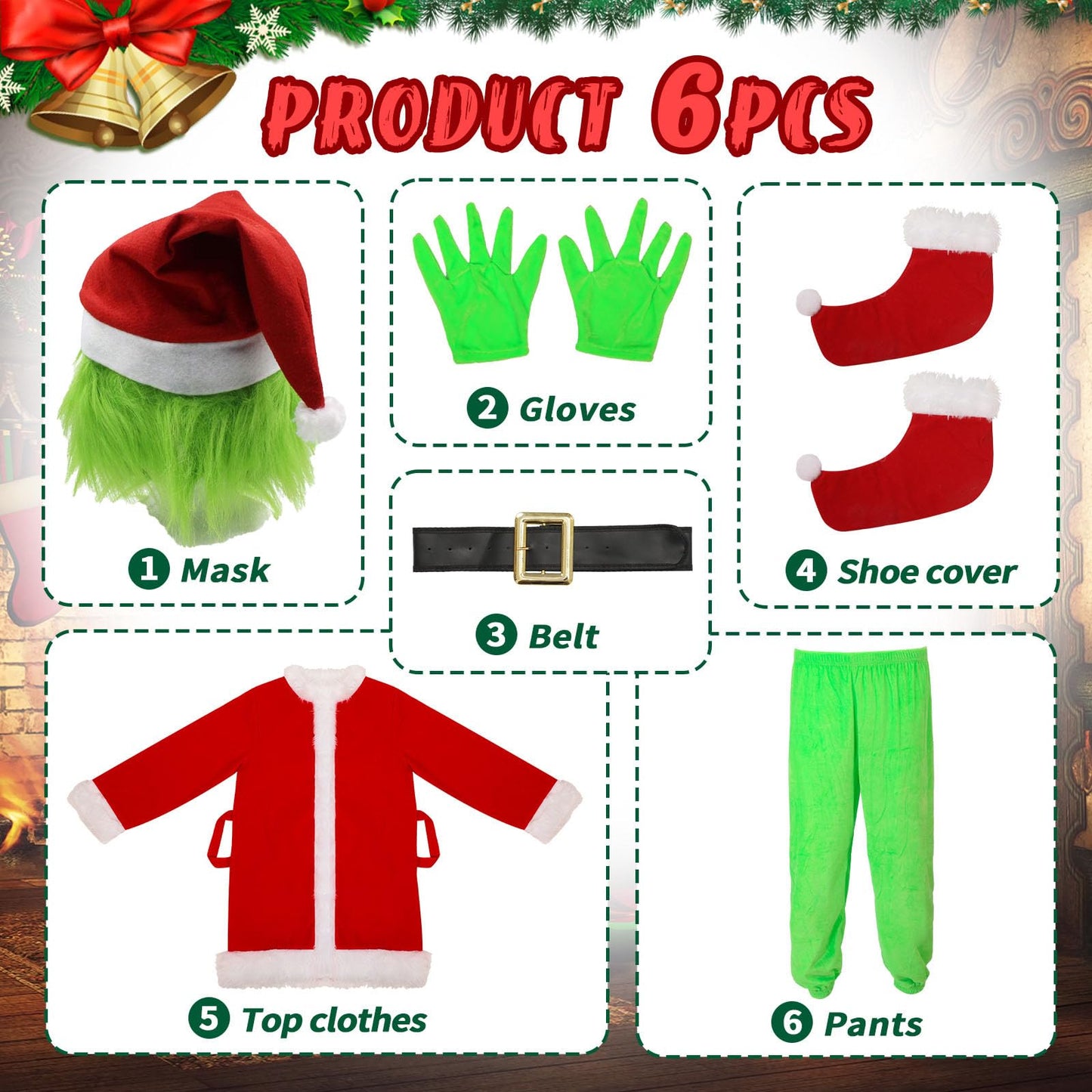 ZZXIAOJIE Green Monster Christmas Costume – 5-Piece Kids Set with Hooded Top & Pants