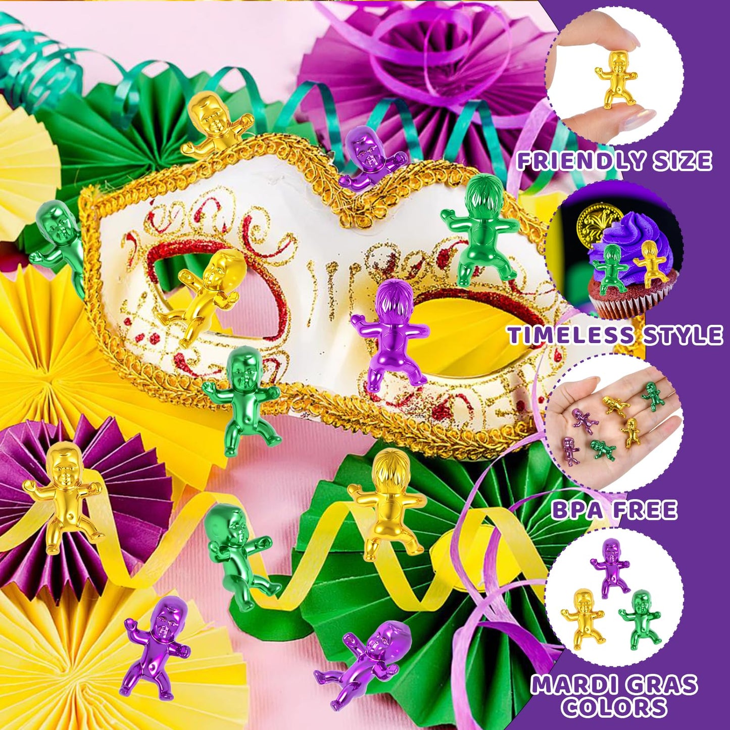 ZZYFGH 24 Pcs King Cake Babies – 1-Inch Metallic Purple Green Gold Plastic Babies for Mardi Gras, Shower Favors & Ice Cube Games