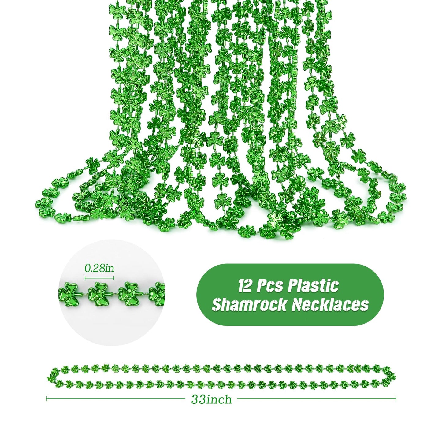ZZYFGH 12-Pcs Shamrock Necklaces Bulk — 33-Inch Green Clover Beads for St. Patrick's Day