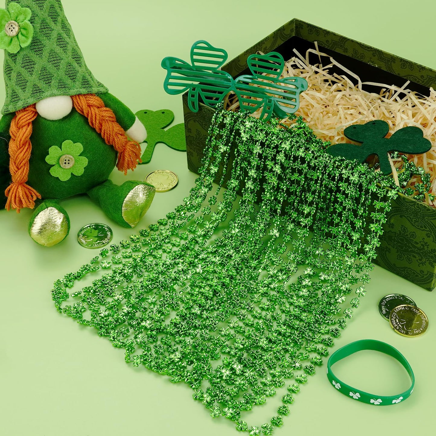 ZZYFGH 12-Pcs Shamrock Necklaces Bulk — 33-Inch Green Clover Beads for St. Patrick's Day