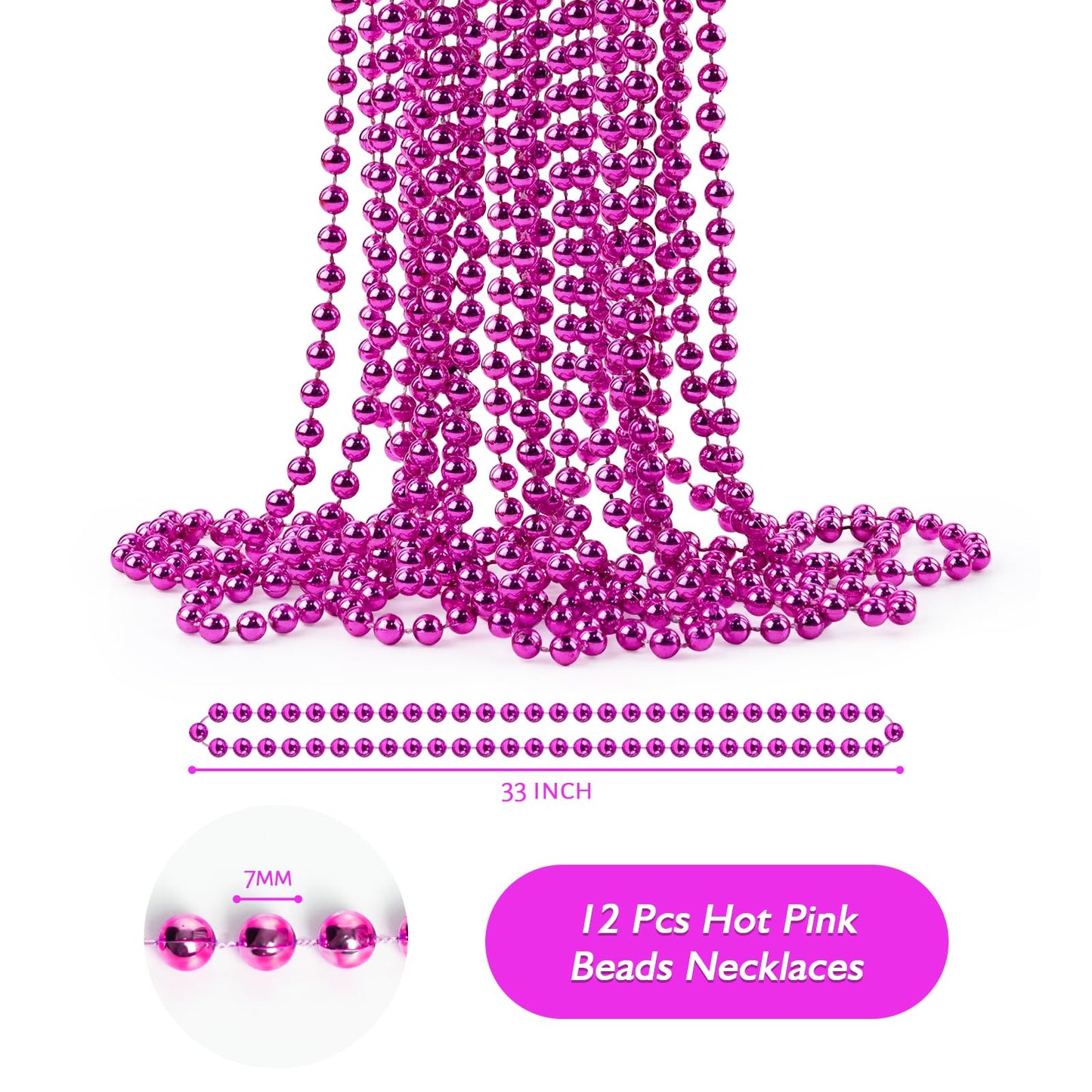 ZZYFGH 12 Pcs Hot Pink Beads Necklace – 33in 7mm Mardi Gras & Breast Cancer Awareness Bead Necklaces Bulk