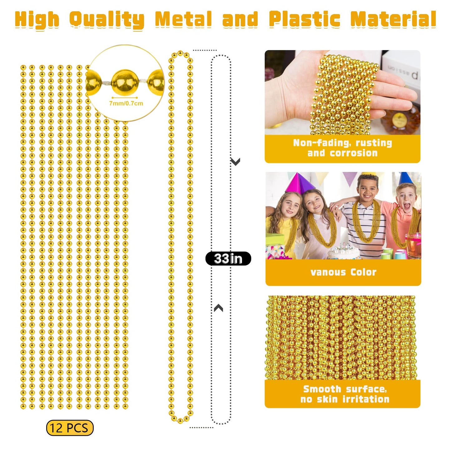 ZZYFGH 12Pcs Gold Bead Necklace – 33in Mardi Gras & Christmas Bead Necklaces