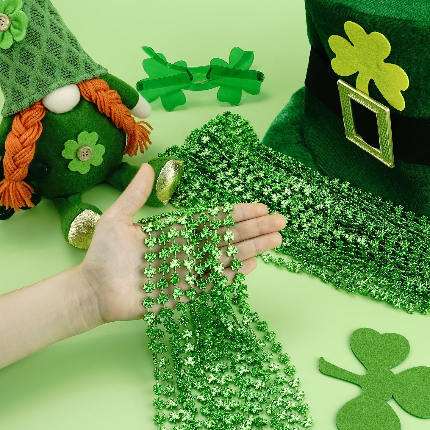 ZZYFGH 12-Pcs Shamrock Necklaces Bulk — 33-Inch Green Clover Beads for St. Patrick's Day
