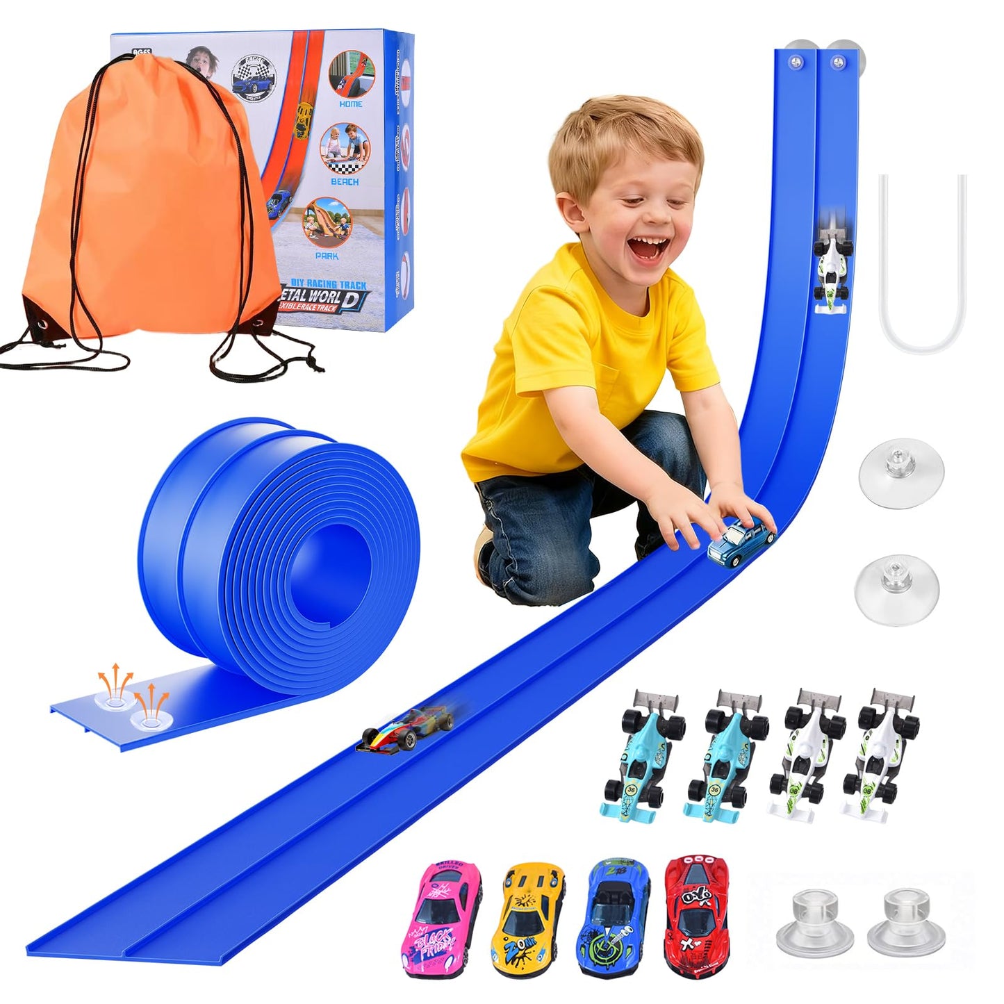 ZzzMgzzZ Flexible Race Track - 15ft DIY Car Track with 8 Cars & 4 Suction Cups