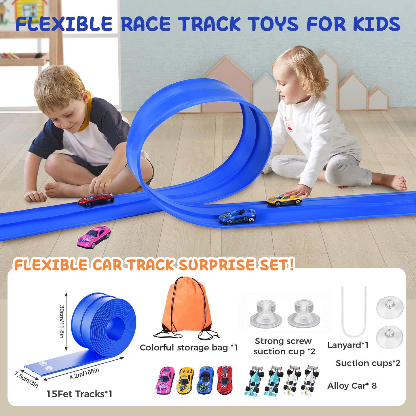 ZzzMgzzZ Flexible Race Track - 15ft DIY Car Track with 8 Cars & 4 Suction Cups