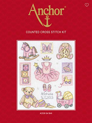 Anchor ACS38 Counted Cross Stitch Kit: Birth Record: Girl, Multi-Colour, 20 x 24cm