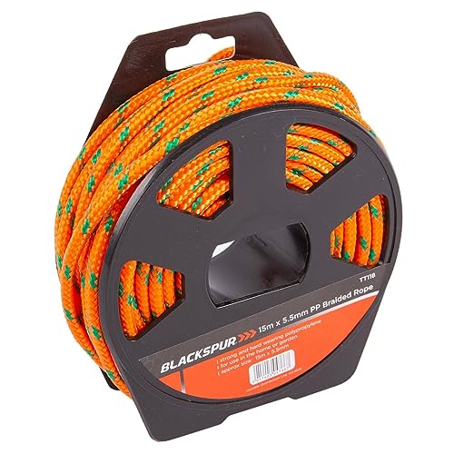 1x Orange 15m Polypropylene Braided Rope on Reel - Strong Thick Heavy-Duty Outdoor Garden Camping Tarpaulin Poly Cord - By Blackspur