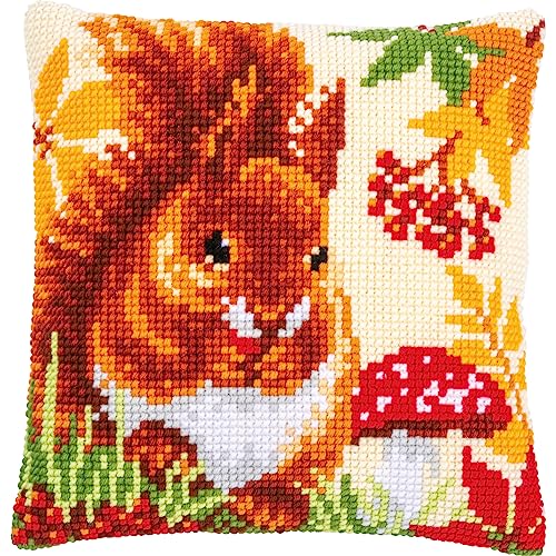 Vervaco Autumn Squirrel Cross Stitch Cushion Kit, Off-White, ca. 40 x 40 cm