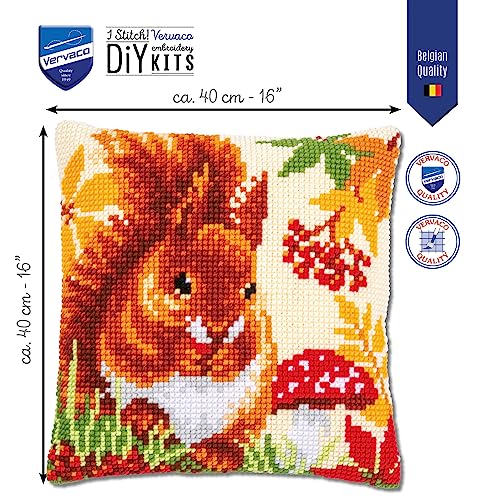 Vervaco Autumn Squirrel Cross Stitch Cushion Kit, Off-White, ca. 40 x 40 cm