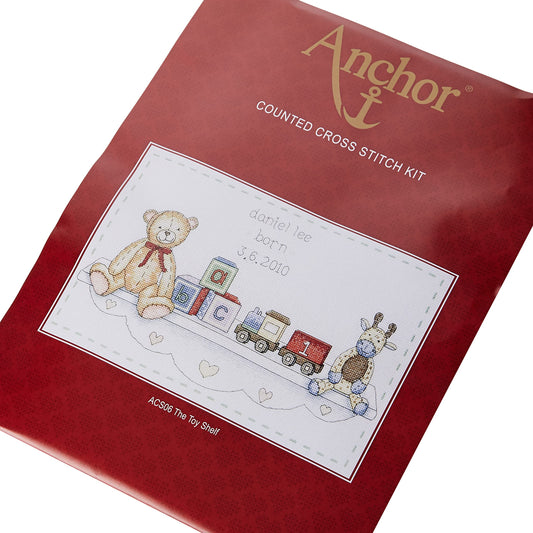 Anchor ACS06 Counted Cross Stitch Kit: Birth Record: The Toy Shelf, Multi-Colour, 20 x 33cm