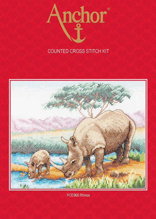 Anchor Counted Cross Stitch Kit: Essentials: Rhinos, Multi, 18 x 23cm